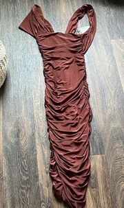 Club L Brown Asymmetric Ruched Midi Dress