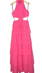 High Neck Cut Out Tiered Skirt Maxi Gown NWT Fuchsia Pink Size 4