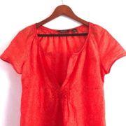 Eddie Bauer Blouse M Short Sleeves Pattern Semi-Sheer V-Neck Peasant Orange Boho