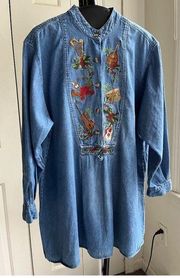 Cambridge Denim Tunic Shirt Dress Holiday Music Instruments Embroidered, Size M