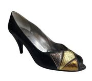 Vintage: Bruno Magli ✦ Kitten Heel Peep Toe Pumps ✦ Metallic Leather Patchwork ✦