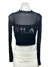 Fila Women’s Black Mesh Sheer Long Sleeve Crew Neck Layer Logo Cropped Top Sz XS