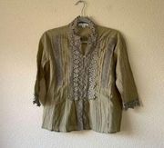 Favlux Green Striped Floral Embroidered 3/4 Sleeve Button Down