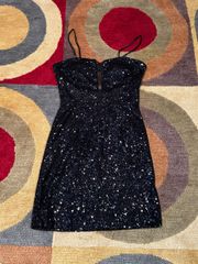 by Adrianna Papell Black Sequin Mesh Front Open Back Mini Dress