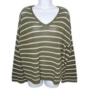 Old Navy Womens Olive Green Long Sleeve Striped V-Neck Pullover Knit Sweater L