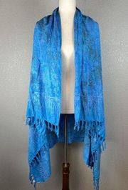 Handmade Womens Wrap Scarf Sarong Blue Purple Fern Batik Rayon Fringe 64 x 44