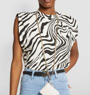 Sandro Zebra Printed Padded Shoulder High Neck Tank Top Blouse Size Small NEW