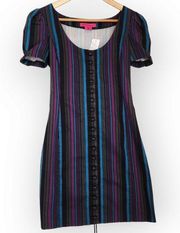 Betsey Johnson Purple Blue Black Striped Button Down Steam Punk Bustle Dress 4