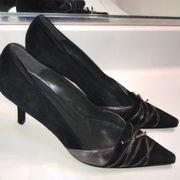 VTG Stuart Weitzman Women’s Leather Suede Lace-Up Black Silver Pointed Toe Heels