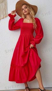 Square Neck Flare Sleeve Ruffle Hem Dress