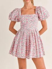 Mable Squareneck Puff Sleeve Floral Mini Dress Pink Medium