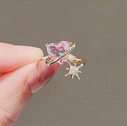 18K Gold Plated Adjustable Pink Crystal Love Heart Ring for Women