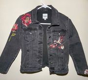 Jeans | Womens Junior Black Washed Embroidered Floral Jean Jacket Girly