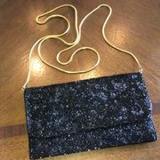 Valerie Stevens Black & Gold Tone Vintage Seed Bead Beaded Evening Bag Clutch