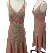 Vintage Sue Wong Silk Midi Dress Soutache Hanky Hem Cocktail Dusty Pink size 6