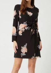 Emporio Armani Black Watercolor Floral Silk Long Sleeve Tie Front Dress Sz 6