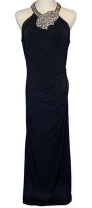 David Meister Embellished Halter Neck Gown Black Floor Length Dress, size 10