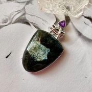 Larvikite Black Moonstone & Amethyst Sterling Silver Pendant