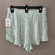 HIPPIE ROSE Light Jade and White Gingham Check Ruffle Trim Shorts Size Medium