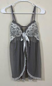 Jessica Simpson Gray White Mesh Lace Babydoll Lingerie Top Size S