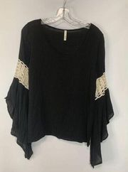 Elan Womens Blouse Bell Sleeves Perforated Black Small