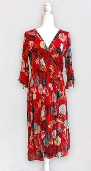 Red Floral Print Faux Wrap Midi Dress By Le Lis Size Small