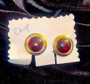 Vintage Ruby  button and gold tone trim  clip on earrings