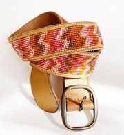 Lucky Brand Pink Orange Beaded Tan Leather Belt Medium