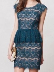 Anthropologie Maeve Teal Lace Elsa Peplum Mini Dress Size XS NWOT!