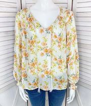 Cupcakes & Cashmere Floral Boho Smocked Peasant Blouse Cream Peach Medium