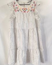 Women's Striped Midi Dress Embroidered Ruffle Trim Tiered Multicolor