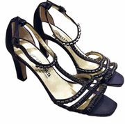 Bottega Veneta rhinestone satin ankle t strap black strappy vintage heels…