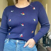 80s Vintage Navy Blue Flower Sweater