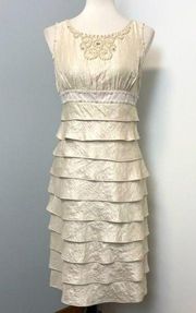 Adrianna Papell Ivory Embellished Tiered Sleeveless Sheath Dress Sz 8