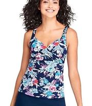 Lands End Square Neck Underwire Tankini Swimsuit Top Navy Floral womens 10 M