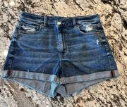 AMERICAN EAGLE Mom Shorts Denim Blue Cuffed  Distressed High Rise Stretch Size 8