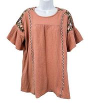 LoveRiche Embroidered Floral Print Seersucker Ruffle Sleeve Tunic Top Blouse