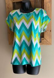 NWT Chevron teal white lime green blouse S