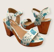 Trisa White Floral Strappy Heeled Faux Wooden Heel Sandal 8.5 SCUFFS