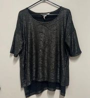 BCBGeneration Silver Black Sparkly Short Sleeve Loose Fit Top Size S