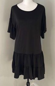 Alya Women's Shirt Dress Round Neck Ruffled Midi Bell Sleeve Black Size Medium