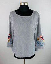 Allison Joy Womens Medium M Bohemian Embroidered Floral Detail Bell Sleeve Top