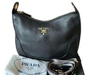 NWOT PRADA  Prada Black Vitello Phenix Leather Web Stripe Strap Crossbody