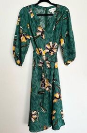 DONNA MORGAN EMERALD YELLOW  purple FLORAL PRINT 3/4 SLEEVE MIDI DRESS size 6