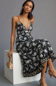 Anthropologie Maeve Embroidered Midi Dress Black Floral Bee Print NEW Small
