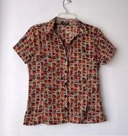 Vintage 90s  Colorful Square Print Short Sleeve Button Front Top PS