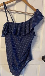 Motherhood Maternity Ruffle One Shoulder One Piece Swimsuit Navy/White Polka Dot