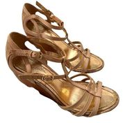 Seychelles Wedges Beige Strappy Gold Back Wooden Heel