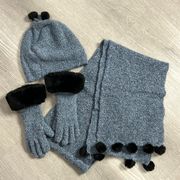 Nordstrom 3 piece wool cashmere blend boucle faux fur scarf hat and gloves