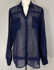 New York & Company Navy Blue Sheer Swiss Dot Button Up Long Sleeve Blouse Sz XL